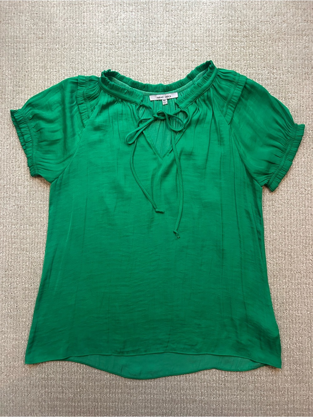 Naked Zebra Emerald Green Tie-Neck Short Sleeve Blouse